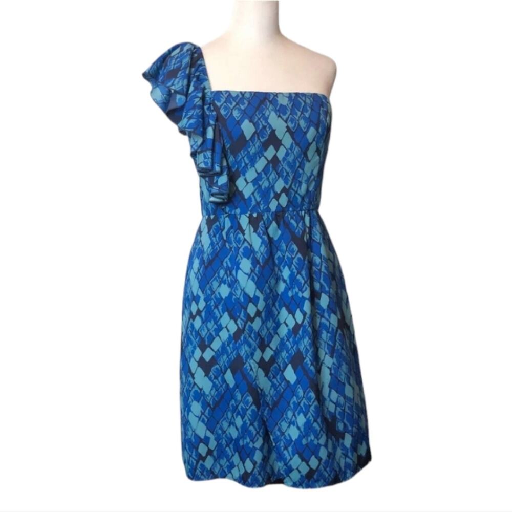 GIANNI BINI Blue Carmella Diamond Print One Shoulder Ruffle Dress Size 4 S $139